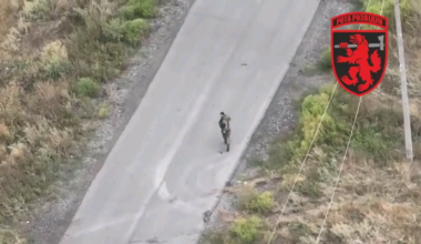 [Extended video, no repost!] UA 68th Jaeger Brigade's drone team posted an alternate view of a popularly-shared video showing a Russian soldier catching a FPV strike drone mid-air, carrying it for some distance before dropping it, causing an apparently lethal detonation.