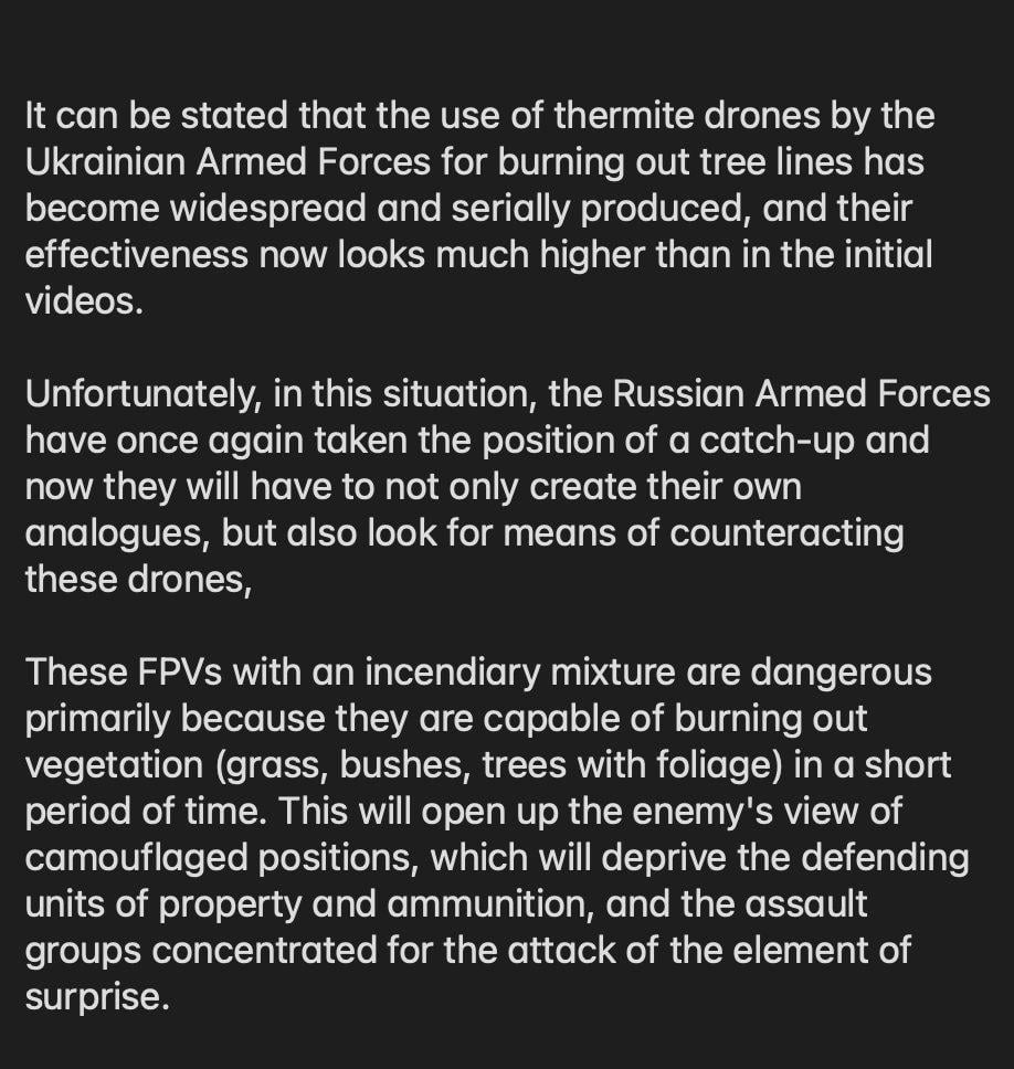 Russians are noting the effectiveness of the mass Ukrainian use of thermite "Dragon" drones