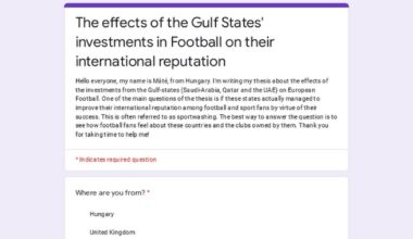 Hello everyone. I am writing my university thesis about the investments from the Gulf-states on Football. One part of the thesis is about the reactions from the fans to them. If you have a 5 minutes I would appreciate if you filled this form about your opinion. (no e-mail or personal data needed)