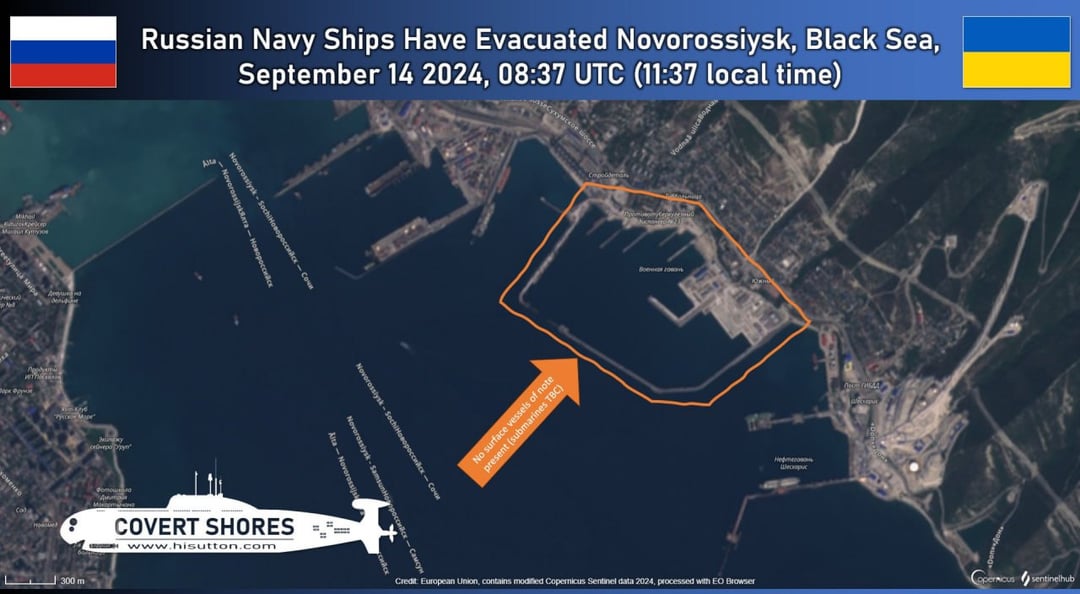 Satellite images confirming information previously published by the Ukrainian Navy that many ships of the Russian fleet left the port of Novorossiysk to other parts of the Black Sea. The reason for the dispersion is the possibility of using Storm Shadow against the region.