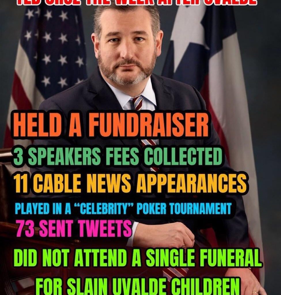 Until he’s called out, scum bag Cancun Ted Cruz cares about himself, not Texans.