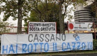 Curva Nord standing up for Inzaghi with a poster directed towards Cassano: “Cassano, you’re annoying the hell out of us!!!”