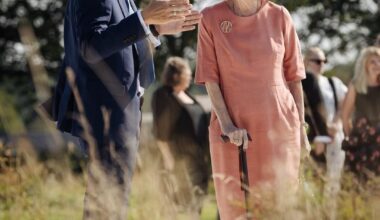 Queen Margrethe lays the last stone at the inauguration of Jelling Med a Viking site built from 950 to 970