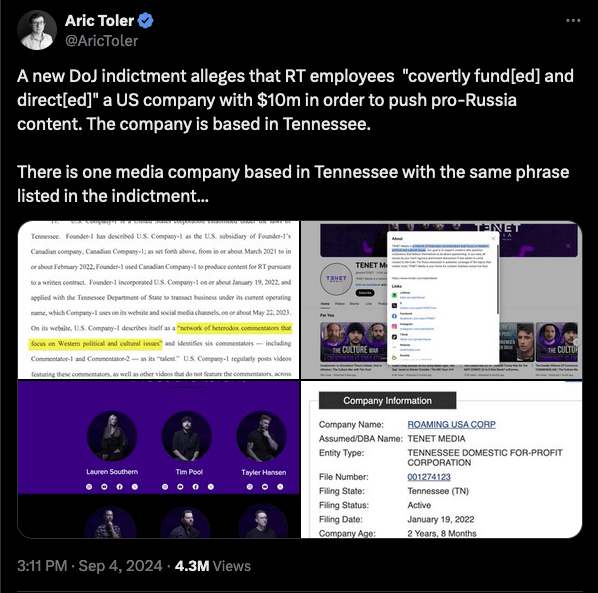 Tenet Media (Tim Pool, David Rubin, etc.) are paid ruzzian mouthpieces per DOJ filing.