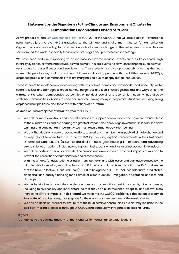 Statement by the Signatories to the Climate and Environment Charter for Humanitarian Organizations ahead of COP29 - World