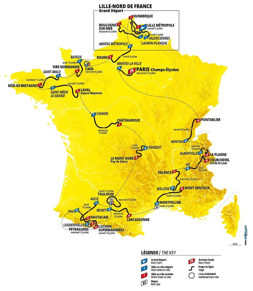 map showing the route of a cycling event in northern france indicating start and finish points