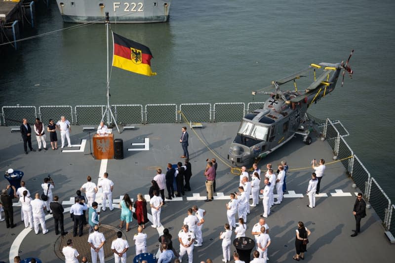 German Chancellor Olaf Scholz speaks at a press conference on board the task force provider "Frankfurt am Main". On the last day of his trip to India, the Federal Chancellor visits a frigate and a task force provider of the German Navy. Hannes P. Albert/dpa