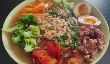 Noodles with sour and hot broth and a few vegetable gyozas