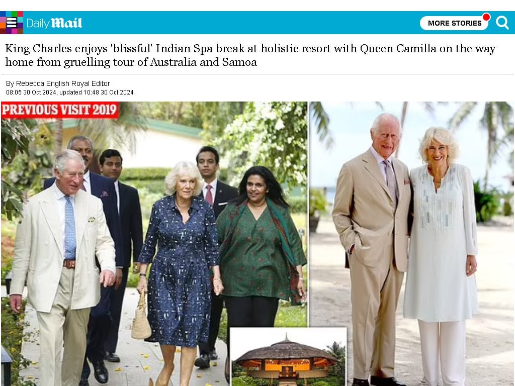 King Charles enjoys 'blissful' Indian Spa break at holistic resort with Queen Camilla on the way home from gruelling tour of Australia and Samoa