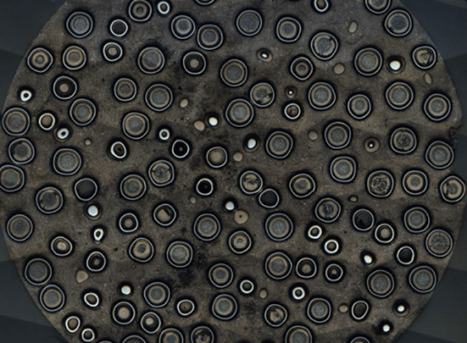 Concentric circles surround dozens of small particles of uranium.