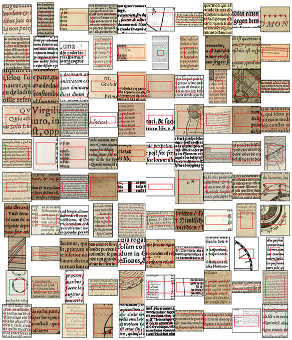 This is a collage of square and rectangular snippets from many astronomy texts from around the 16th century, illustrating how different they looked, including a wide variety of fonts.