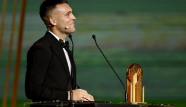 Argentine and Inter forward Lautaro Martinez presents the Yashin Trophy for the best goalkeeper at the Ballon d