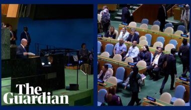 Delegates walk out of UN general assembly chamber ahead of Israeli PM's speech