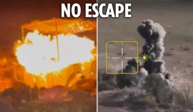 Russian tank blown to pieces by hidden mine as Ukrainian soldier launches Molotov cocktail attack