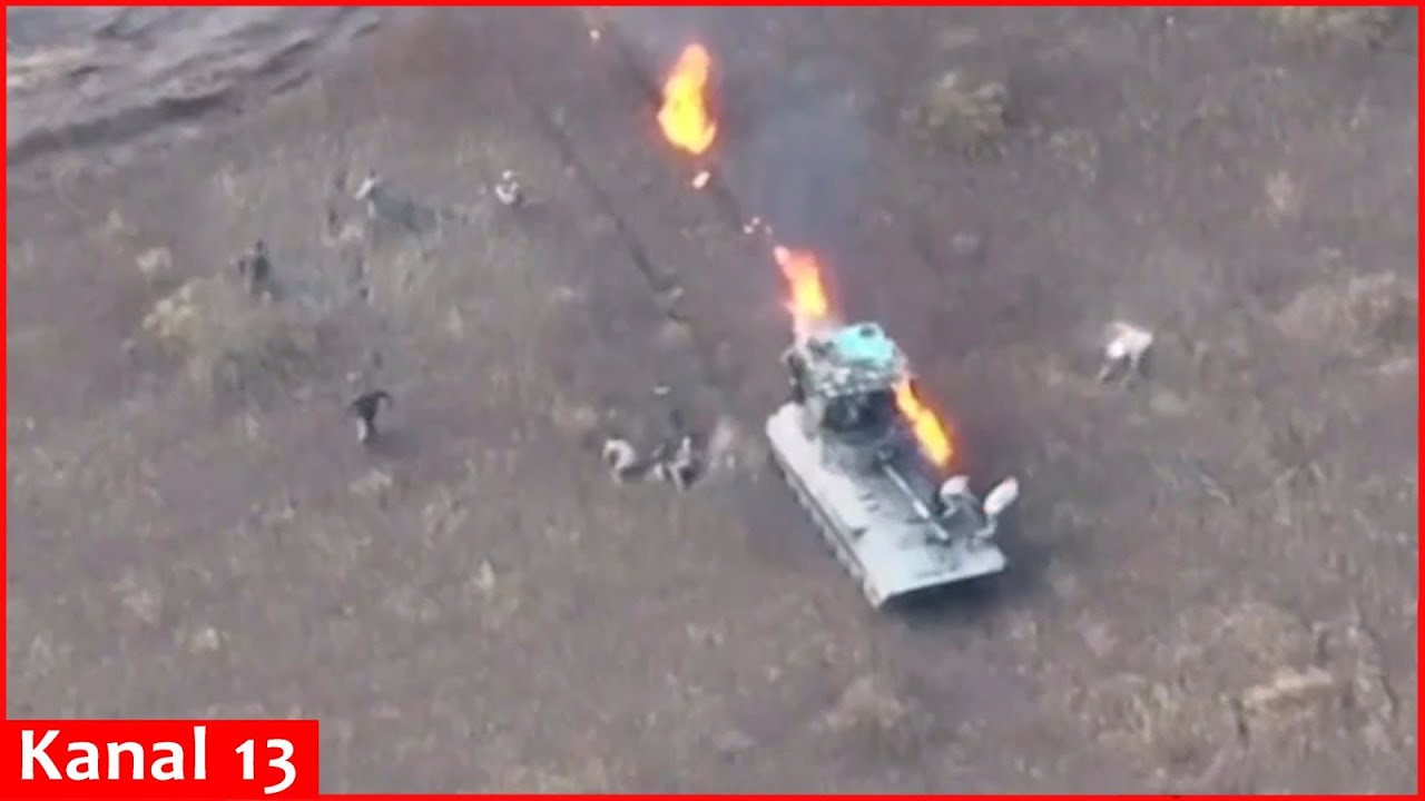 Drone footage shows Russian soldiers trying to escape from burning equipment for salvation