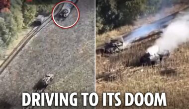 Insane moment Russian armoured carrier drives straight up to Ukrainian tank - and is blown to bits