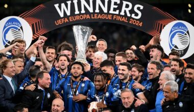 Olympiacos FC v ACF Fiorentina - UEFA Conference League The trophy of UEFA Conference League is seen on a plinth during the award ceremony following the UEFA Conference League final football match ...