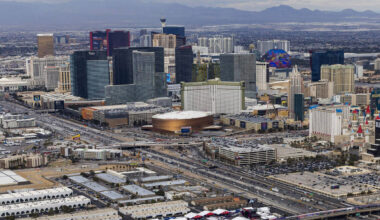 An aerial view of the Las Vegas Strip as Allegiant Stadium and the city readies to host Super B ...