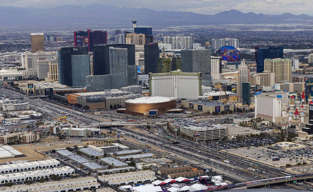 An aerial view of the Las Vegas Strip as Allegiant Stadium and the city readies to host Super B ...