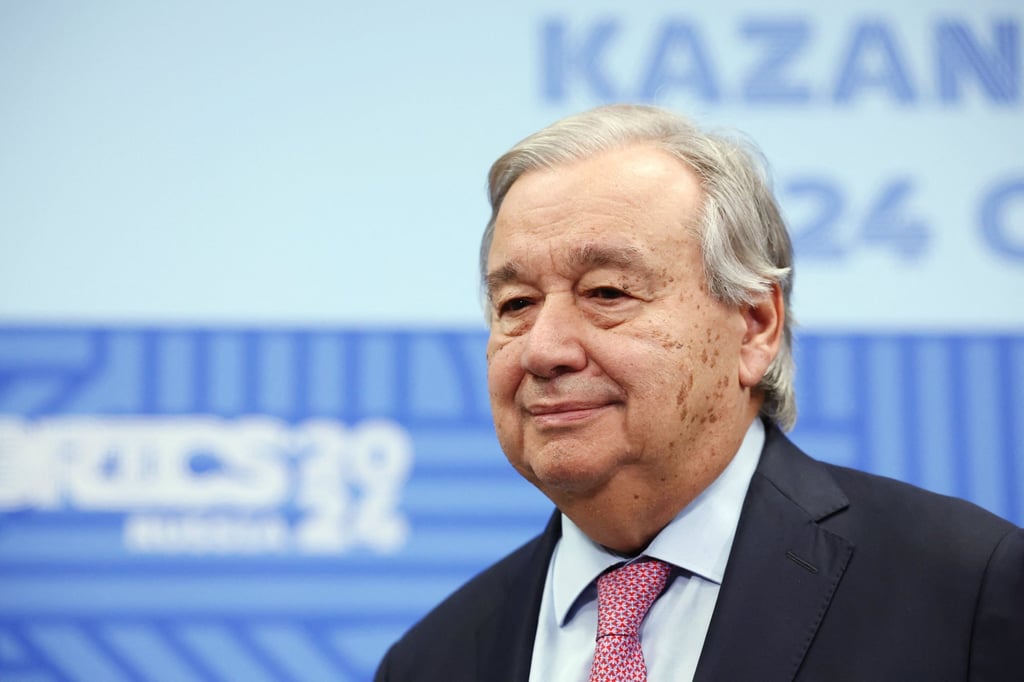 UN Secretary General Antonio Guterres on the sidelines of the Brics summit in Kazan, Russia on Thursday. Photo: Sputnik / Mikhail Metzel / Pool via Reuters