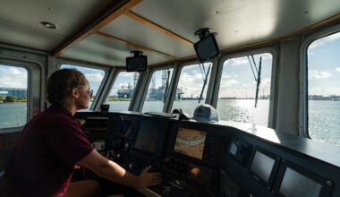 A female student driving a ship in Galveston