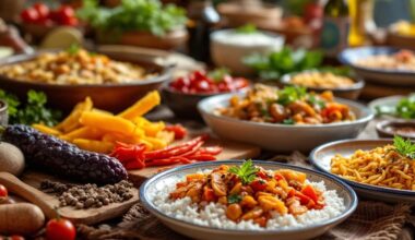 Colorful Bulgarian dishes at a food exhibition.