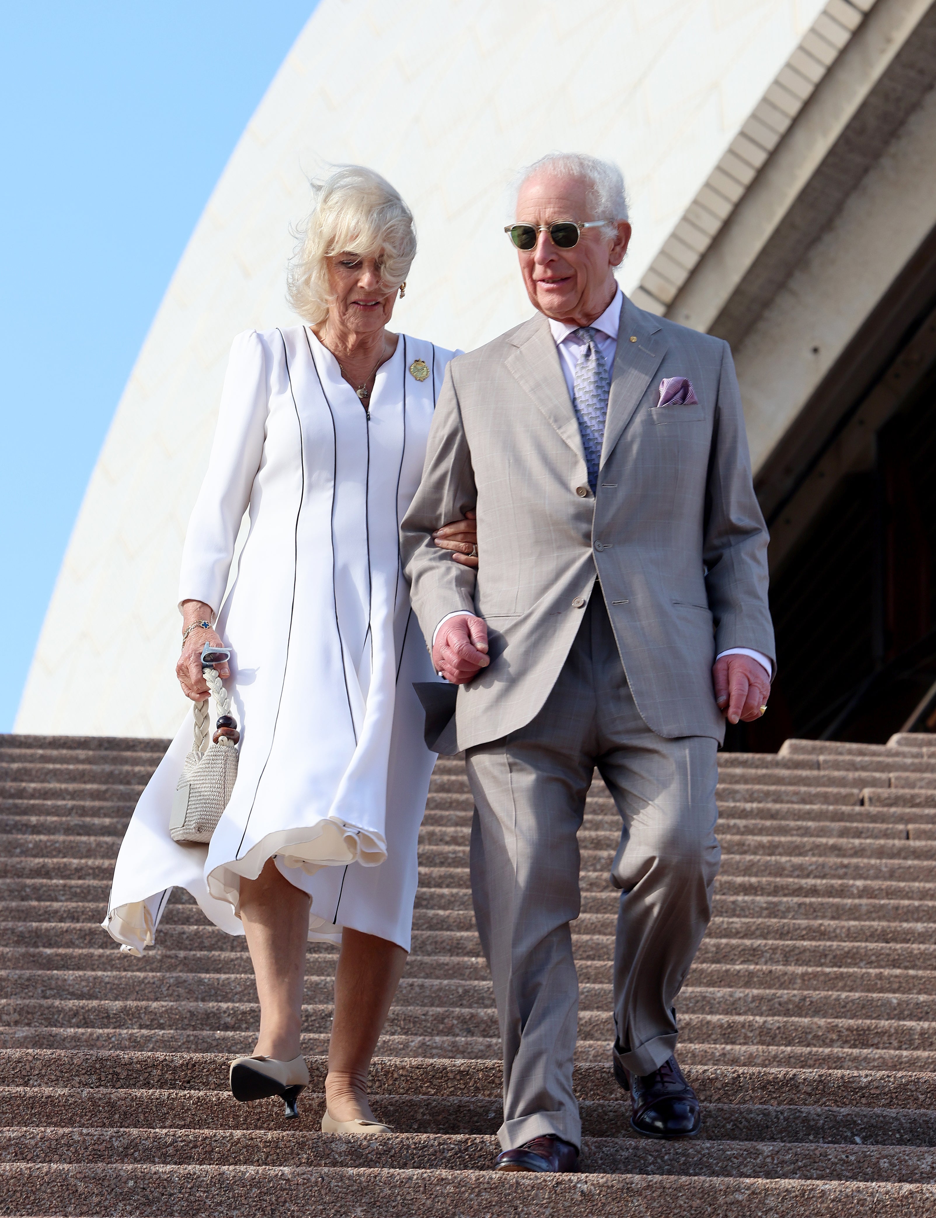 King Charles III and Queen Camilla meet members of the public outside the Sydney Opera House on 22 October 2024 in Sydney, Australia