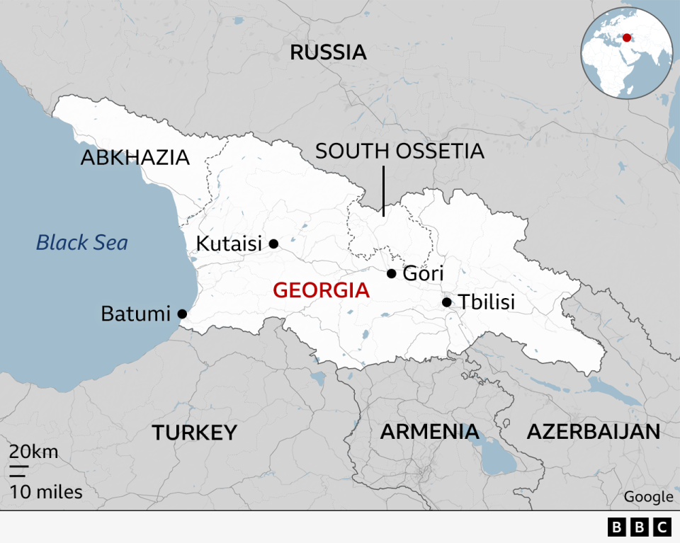 Map of Georgia showing Gori and Tbilisi and other cities