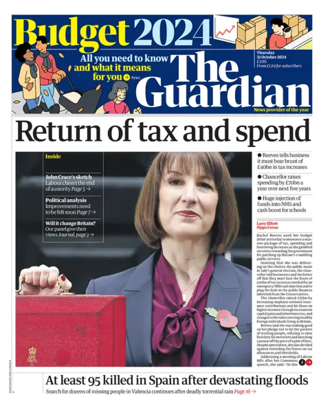 The headline in the Guardian reads: "Return of tax and spend". 