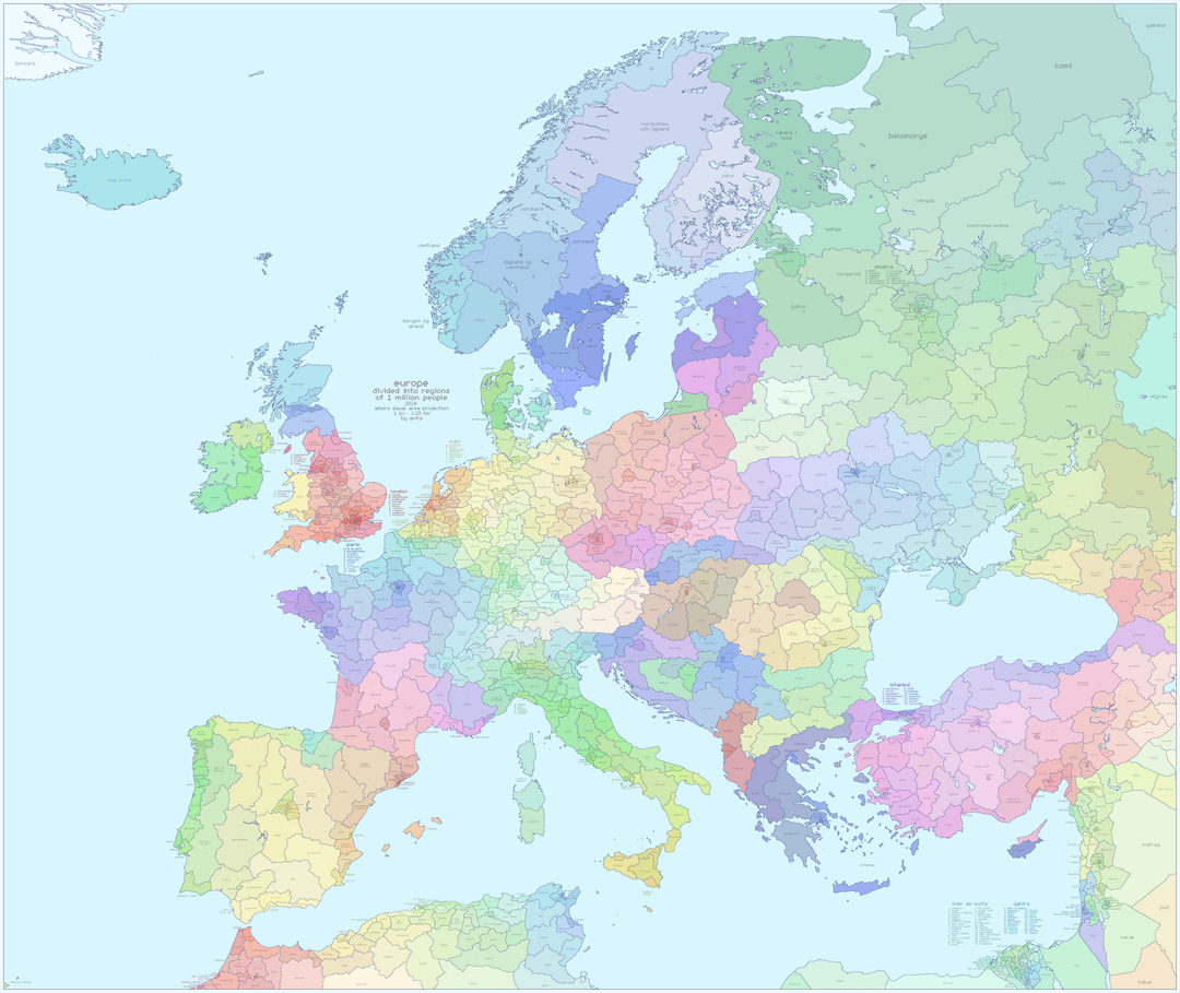 Europe divided into regions of 1 million people [OC]