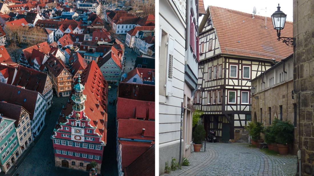 Fachwerkhäuser am Rathausplatz in Esslingen am Neckar (links). Das älteste noch erhaltene Fachwerkhaus Deutschlands in der Webergasse 8 in Esslingen am Neckar (rechts). 