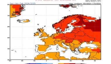 Die Karte zeigt die Abweichungen der Temperaturen im kommenden Winter 2024/25 in Europa