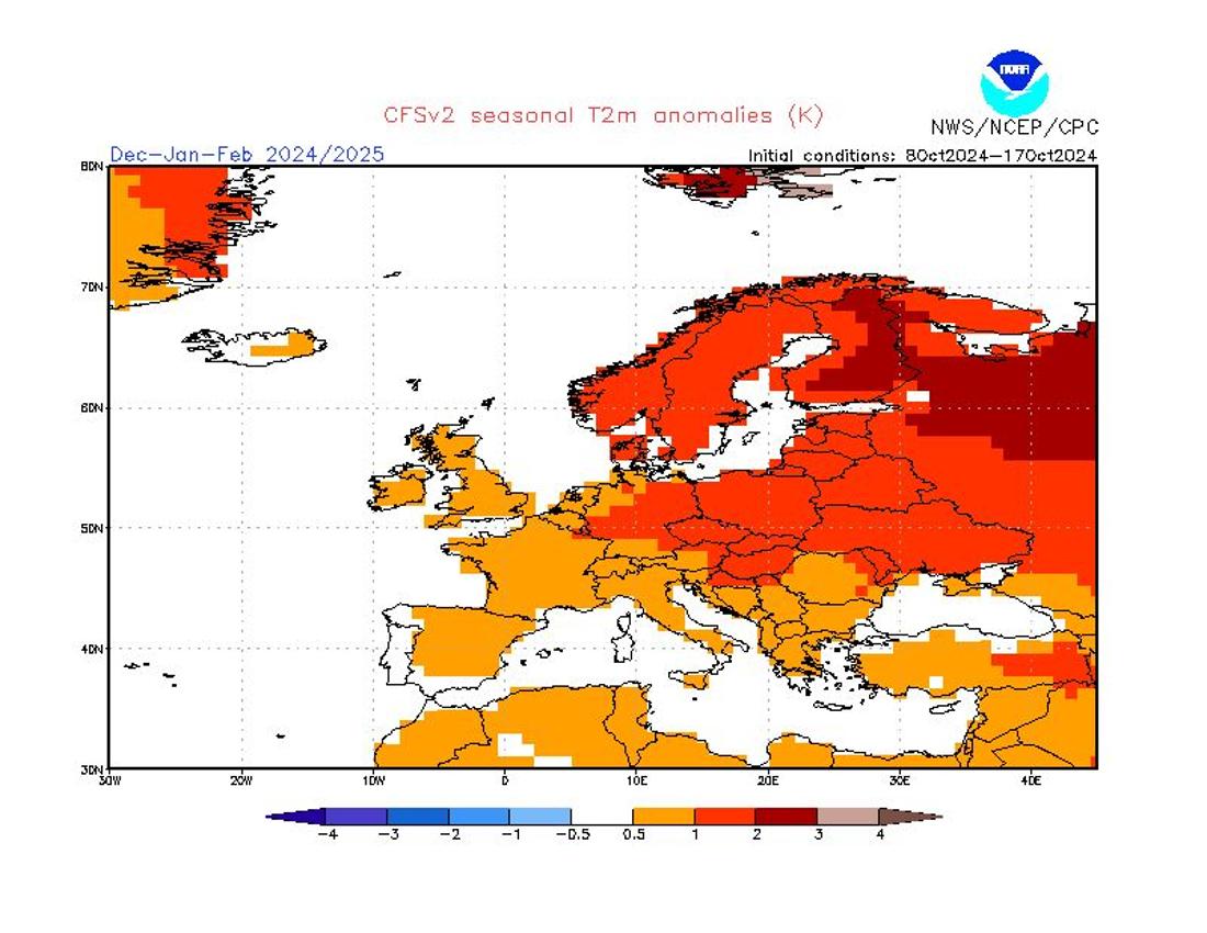 Die Karte zeigt die Abweichungen der Temperaturen im kommenden Winter 2024/25 in Europa 