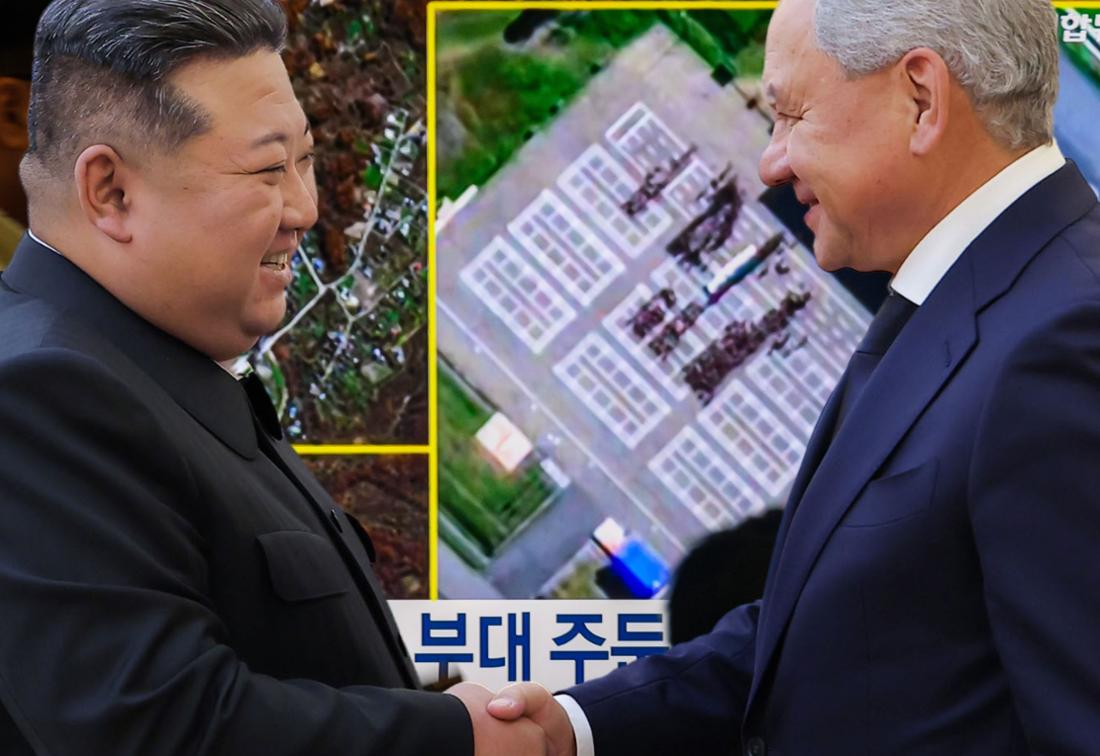 Satellitenbilder sollen Schützenhilfe beweisen: Angeblich schickt Nordkorea-Dikatator Kim Jong-Un, hier mit Putin-Vertrauten Sergej Schoigu, seine Soldaten für Russland in den Ukraine-Krieg.