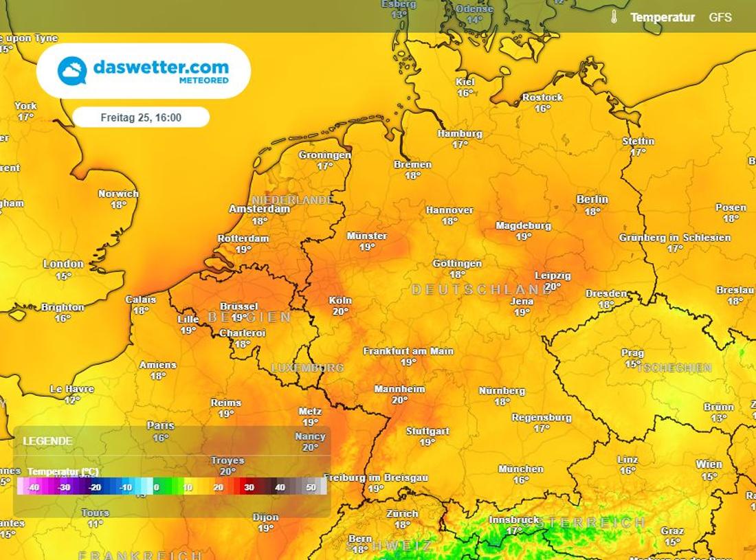 Die Karte zeigt die Temperaturen am kommenden Freitag (25. Oktober) in Mitteleuropa. Es wird regional nochmal warm.