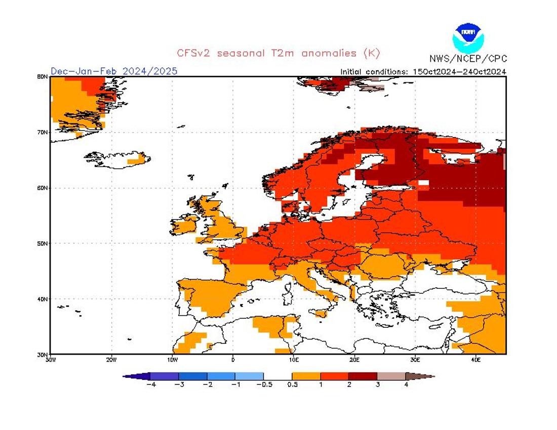 Die Grafik zeigt die Temperaturabweichungen im kommenden Winter 2024/25. Es könnt ein sehr warmer Winter werden.