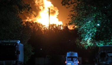 RUSSIA, LUGANSK - MAY 8, 2024: Smoke rises over an oil depot that caught fire after a military strike by the Ukrainian A