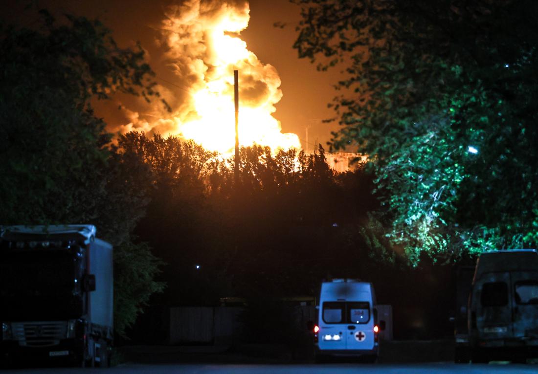 RUSSIA, LUGANSK - MAY 8, 2024: Smoke rises over an oil depot that caught fire after a military strike by the Ukrainian A