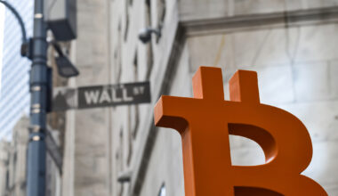 Bitcoin symbol on Wall Street.