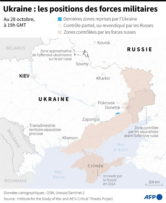 Carte des zones contrôlées par les forces ukrainiennes et russes en Ukraine au 28 octobre 2024 à 19h GMT ( AFP / Valentin RAKOVSKY )