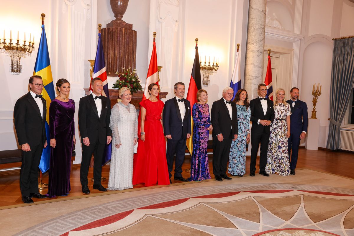 BERLIN, GERMANY - OCTOBER 21: Prince Daniel, Duke of VÃ¤stergÃ¶tland, Victoria, Crown Princess of Sweden, BjÃ¶rn Skulason, Icelandic President Halla Tomasdottir, Queen Mary of Denmark, King Frederik X., Elke BÃ¼denbender, German President Frank-Walter Steinmeier, Suzanne Innes-Stubb,  Finnish President Alexander Stubb, Princess Mette-Marit of Norway and Haakon, Crown Prince of Norway attend a dinner for the heads of state of Denmark, Finland, Iceland, Norway and Sweden on the occasion of the 25th anniversary of the Nordic Embassies in Berlin at Bellevue Palace on October 21, 2024 in Berlin, Germany. (Photo by Gerald Matzka/Getty Images)