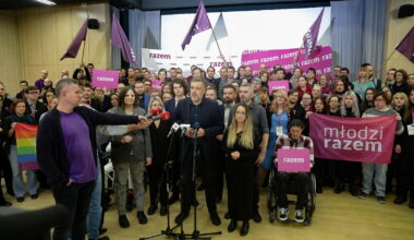 Adrian Zandberg (centre), co-chair of the Razem party, along with party members Maciej Konieczny (second from right), Marta Stożek (fifth from right) and Marcelina Zawisza (third from right), as well as Kraków city councilor Aleksandra Owca (fourth from right), during a press conference held by Razem party leaders and MPs in Warsaw, October 27.