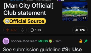 Man City Official Club Statement removed from r/soccer due to not having a "factual and objective title"