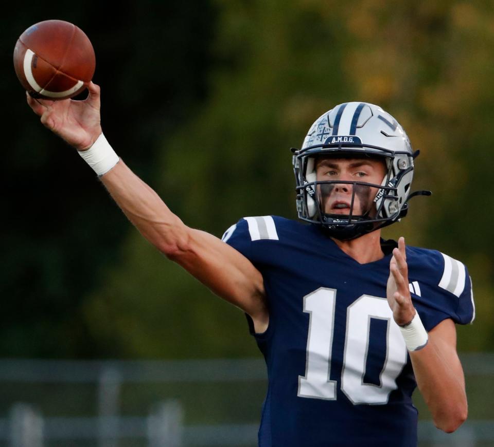 Central Catholic quarterback Bobby Metzger (10) throws the ball Friday, Sept. 13, 2024, during the IHSAA football game against Twin Lakes at Central Catholic High School in Lafayette, Ind. Central Catholic won 56-21.