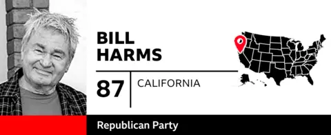 Graphic with photo of Bill Harms, 87, of California