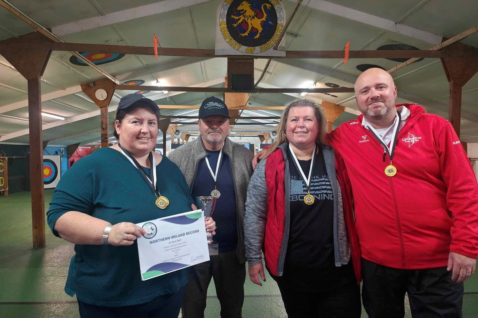 Some of the medal winners at the Muckamore Company of Archers Portsmouth competition in Moira from left; JoAnn Bell,  Paul McClelland, Siobhán Keeble and new NI record holder, Neil Keeble.