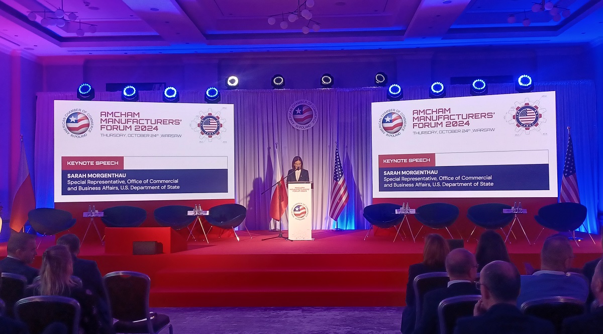 Sarah Morgenthau, Special Representative for Commercial and Business Affairs at the US Department of State, addressing the participants of the AmCham Manufacturing Forum in Warsaw on Thursday, Oct. 24, 2024.