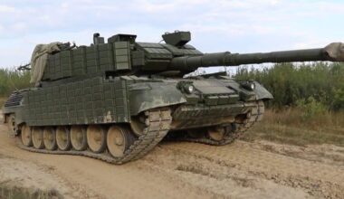 A Ukrainian Armed Forces Leopard 1A5 tank was equipped with Kontakt-1 explosive reactive armor and a foldable grill. The photo was taken after combat training.