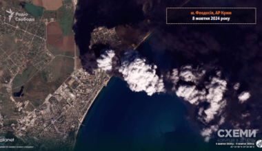 Satellite images show fire and smoke coming from the oil facility in Feodosia, occupied Crimea after Ukrainian attacks.