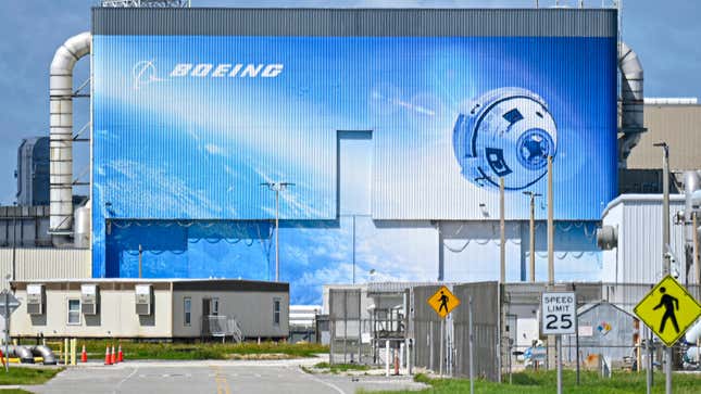 The Boeing assembly building is seen during a welcome ceremony ahead of the agency’s SpaceX Crew-9 launch at Kennedy Space Center September 21, 2024 in Cape Canaveral, Florida.